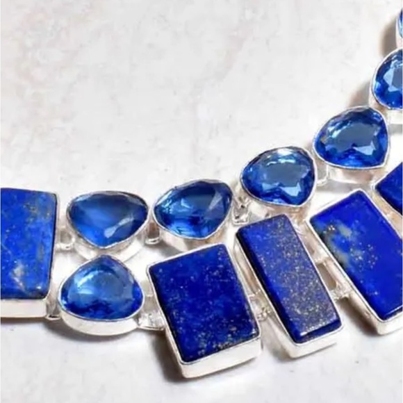 Sophisticated Lapis Lazuli + Blue Topaz statement cluster Necklace - Picture 8 of 12